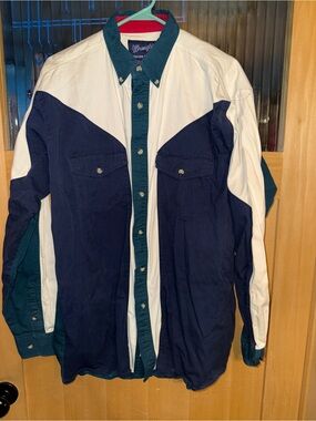 VTG Wrangler Brushpopper Shirt Men’s LT Tan, Navy, Green Color Block Western ⚡️